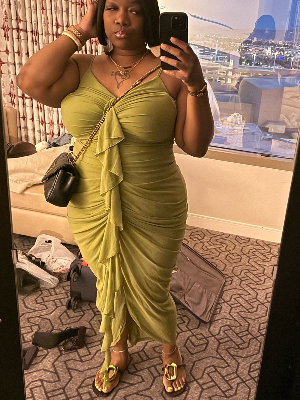 Women’s Olive Green Ruched Ruffle Midi Dress